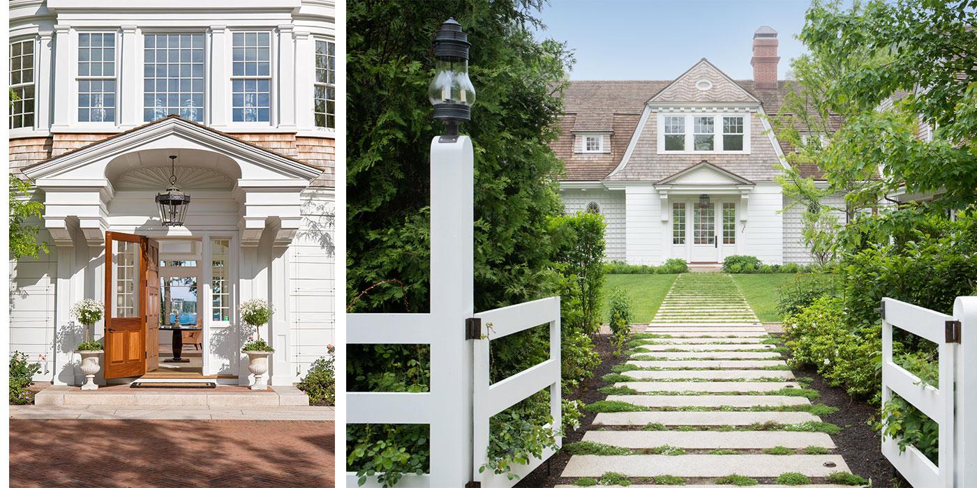 Front doors of two homes facing one another on a family compound on Cape Cod